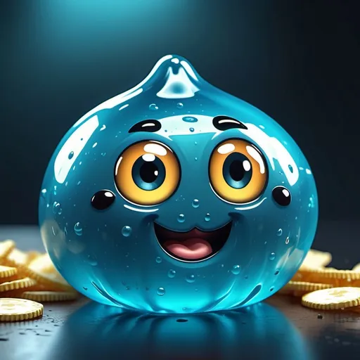Prompt: Cute, little clear blue slime blob with 2 round black eyes, enjoying chips, glossy digital rendering, translucent, fine details on surface, high quality, adorable, joyful, vibrant color tones, soft lighting