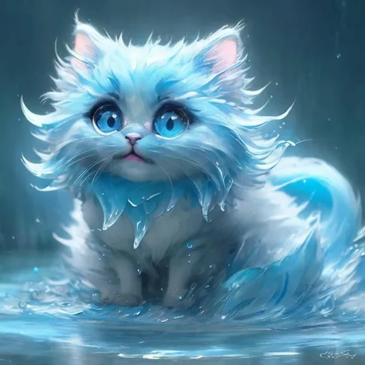 Prompt: Cute, blue, fluffy, liquid cat, possessing the element of water and making circles of water move around in the air in a magical way. Perfect features, extremely detailed, realistic. Krenz Cushart + loish +gaston bussiere +craig mullins, j. c. leyendecker +Artgerm.