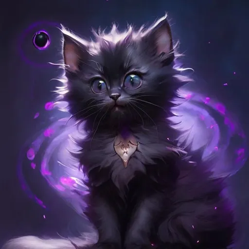 Prompt: very Cute, purple, fluffy, dark kitten, possessing the element of shadow and making circles of a blue aura  move around in the air in a magical way. Perfect features, extremely detailed, realistic. Krenz Cushart + loish +gaston bussiere +craig mullins, j. c. leyendecker +Artgerm.