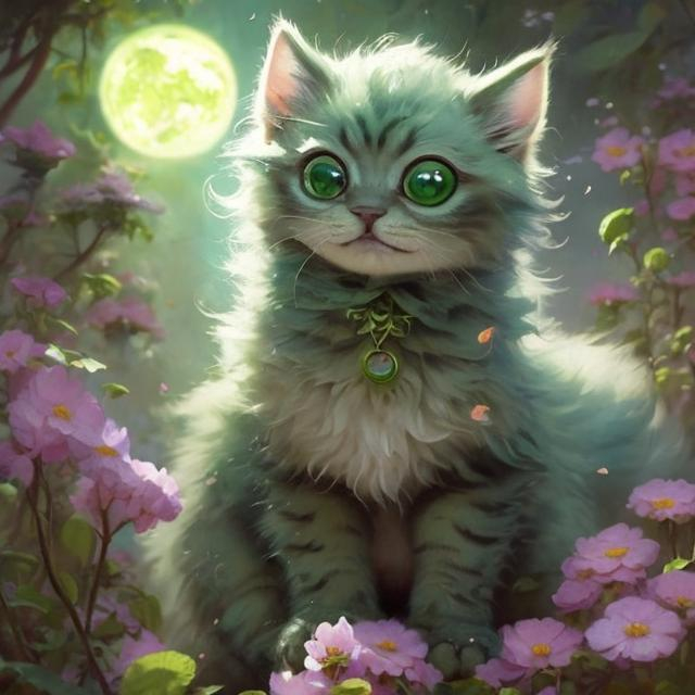 Prompt: very Cute, green, fluffy, earth kitten, possessing the element of earth and making circles of flowers move around in the air in a magical way. Perfect features, extremely detailed, realistic. Krenz Cushart + loish +gaston bussiere +craig mullins, j. c. leyendecker +Artgerm.