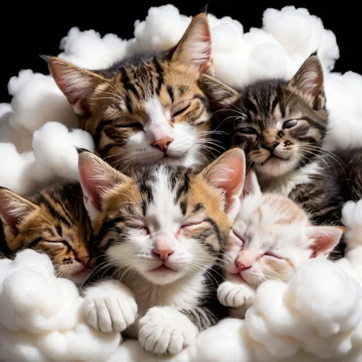 Prompt: a bunch of kittens snuggled up together with mama cat they are sleeping on a cloud!