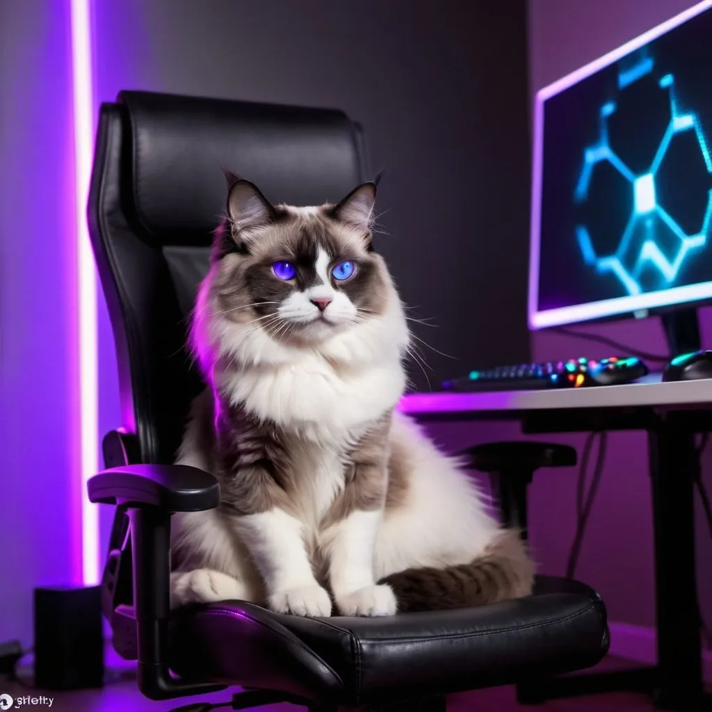 Prompt: black and white ragdoll cat with a gaming controller sitting in a dark room with glowing purple led lights and glowing wall hexagons the cat is sitting in a gamer chair the screen reflects of his face his rainbow gaming setup gives a small glow to the desk