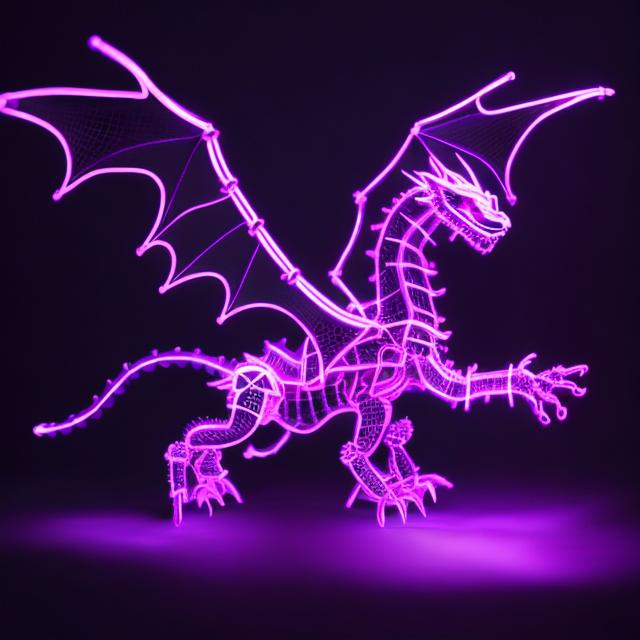 Prompt: cute black dragon robot outlined in purple wireframe light, purple auras flow around the air with bright neon features, extremely detailed