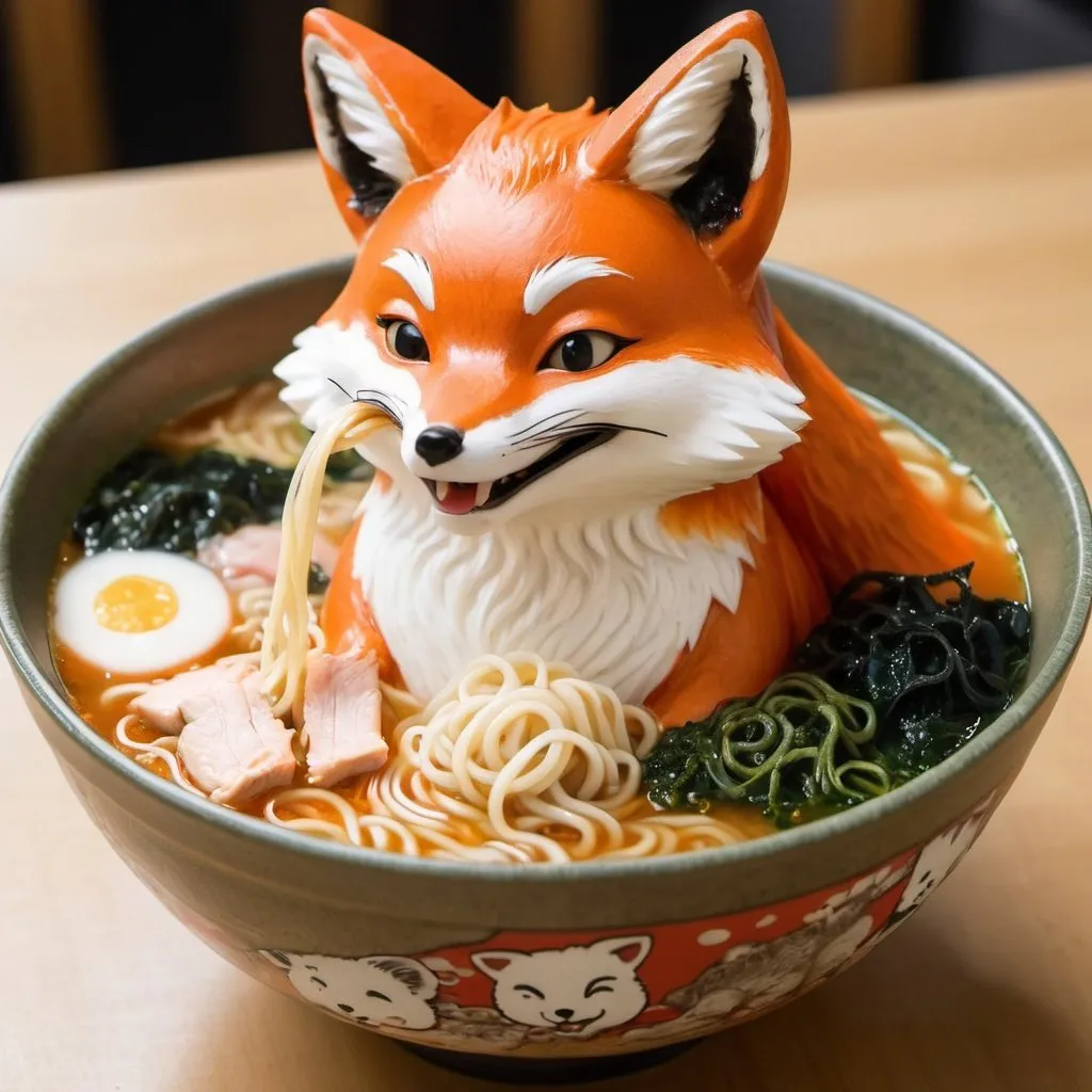 Prompt: a kitsune fox happily slurping up noodles in a ramen bowl with pieces of chicken and seaweed in the mix of soup