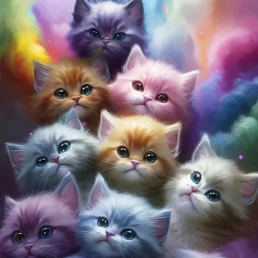 Prompt: very Cute, rainbow organized, fluffy, jam kittens, possessing the element of jam and making circles of rainbows move around in the air in a magical way. Perfect features, extremely detailed, realistic. Krenz Cushart + loish +gaston bussiere +craig mullins, j. c. leyendecker +Artgerm.