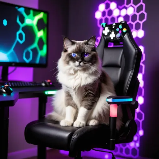 Prompt: black and white ragdoll cat holding a gaming controller sitting in a dark room with glowing purple led lights and glowing wall hexagons the cat is sitting in a gamer chair the screen reflects of his face his rainbow gaming setup gives a small glow to the desk