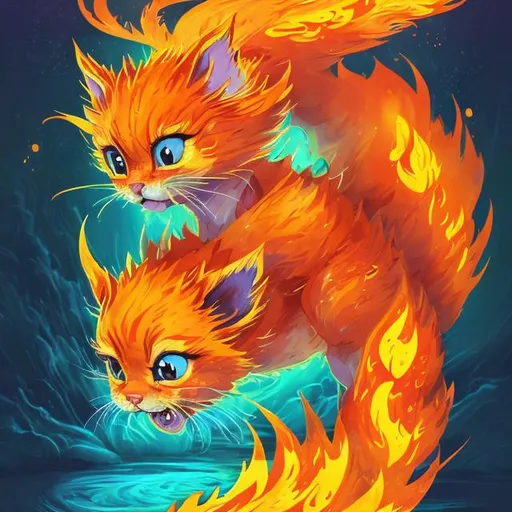 Prompt: Vibrant digital illustration of a fire kitten and water puppy, bright warm tones, fantasy setting, dynamic poses, detailed fur with fiery highlights, intense and playful expressions, magical sparks and flames, best quality, highres, ultra-detailed, digital art, fantasy, vibrant warm tones, dynamic poses, fiery fur, intense expressions, magical sparks and flames, professional, dynamic lighting