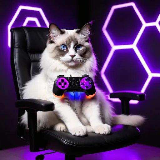 Prompt: black and white ragdoll cat holding a gaming controller sitting in a dark room with glowing purple led lights and glowing wall hexagons the cat is sitting in a gamer chair the screen reflects of his face