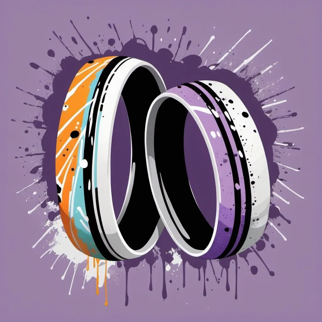 Prompt: Colorful graffiti illustration of 2 siberian bangles 1 white with a small amount of calico print 1 grey with black stripes , paint splashes, vector t-shirt art, light purple background


