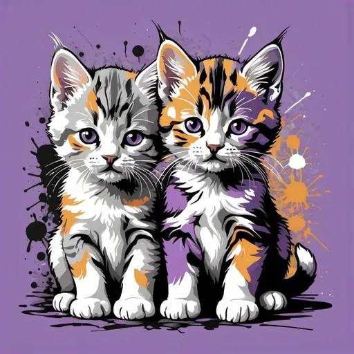 Prompt: Colorful graffiti illustration of 2 siberian bangle kittens 1 white with a small amount of calico print 1 grey with black stripes , paint splashes, vector t-shirt art, light purple background


