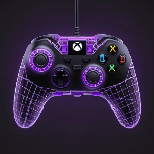 Prompt: a gaming controller that is xbox playstation and nintendo all combined into 1 gaming controller with purple glowing wireframe