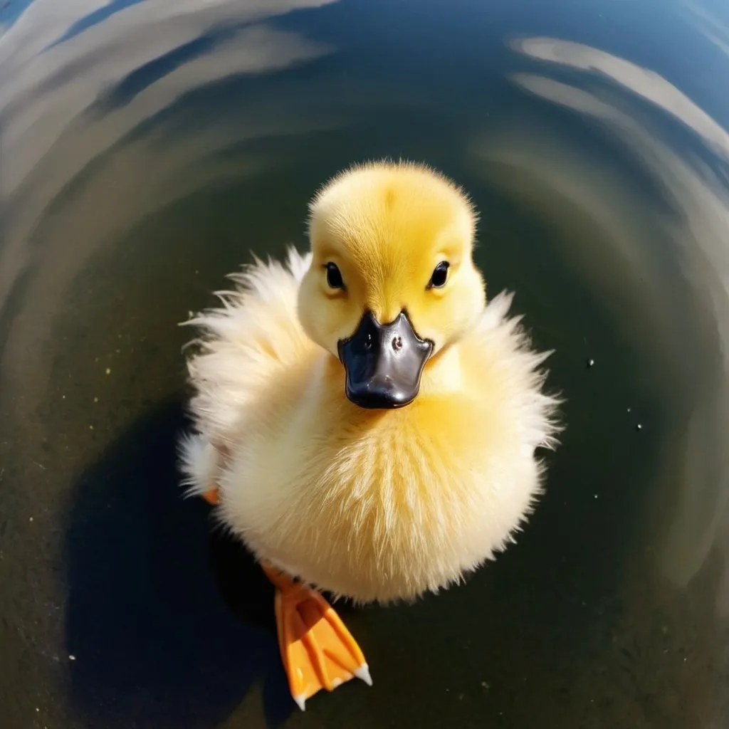 Prompt: sky view of a very cute little fluffy duck thats body looks like a ball and has small legs


