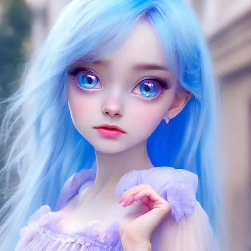 Prompt: Beautiful  girl wearing sky blue dress, anime
, fined features, 8K, fair and glossy skin, big eyes, light makeup, fashion jewelry, baby pink nailpolish, baby pink lips and lavender hair