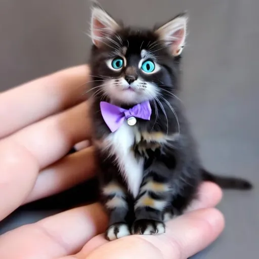 Prompt: a cute black siberian bangle kitten with a lavender collar saying willow