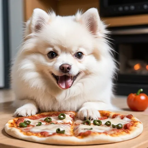 Prompt: a white Pomeranian nomming on a pizza 