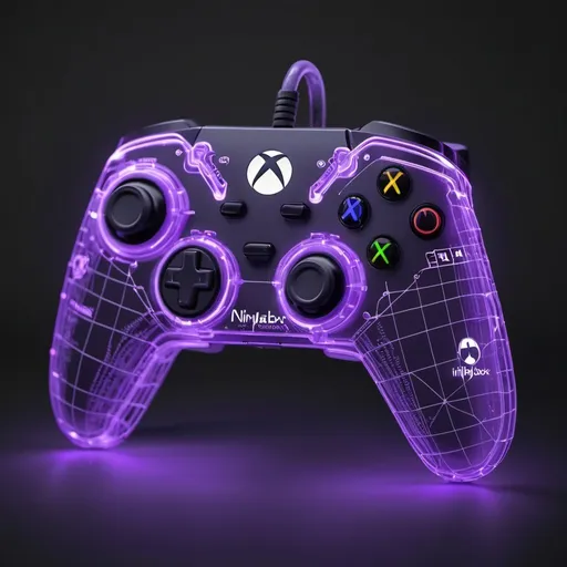 Prompt: a gaming controller that is xbox playstation and nintendo all combined into 1 gaming controller with purple glowing wireframe and the name of this thing is ninplaybox