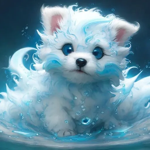 Prompt: very Cute, blue, fluffy, liquid puppy, possessing the element of water and making circles of water move around in the air in a magical way. Perfect features, extremely detailed, realistic. Krenz Cushart + loish +gaston bussiere +craig mullins, j. c. leyendecker +Artgerm.