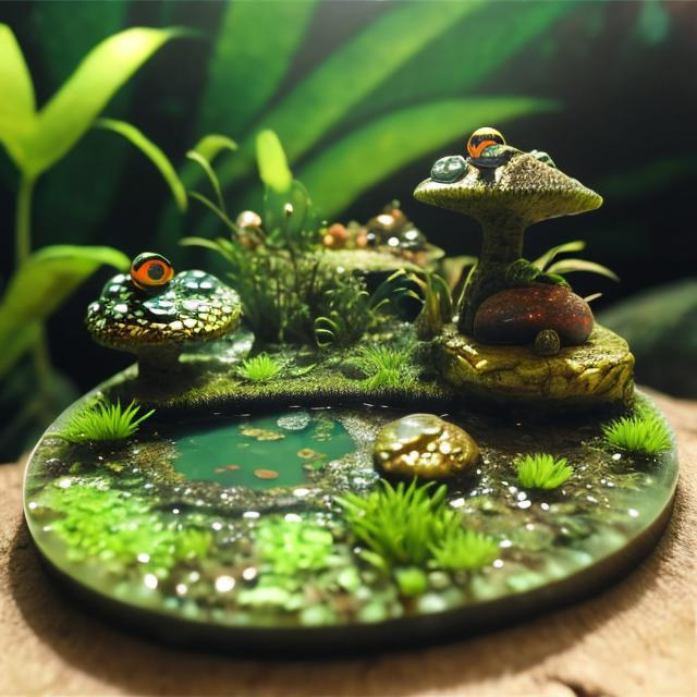 Prompt: Miniature resin swamp biome with oval shape, tiny frogs, 3D rendering, realistic water effects, lush vegetation, excellent detail, miniature, swamp biome, oval shape, tiny frogs, 3D rendering, realistic water effects, lush vegetation, high quality, realistic, detailed, miniature world, resin material, natural colors, ambient lighting