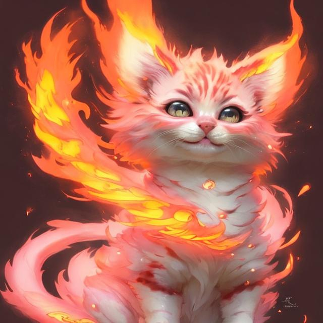 Prompt: very Cute, pink, fluffy, fire kitten, possessing the element of fire and making circles of fire move around in the air in a magical way. Perfect features, extremely detailed, realistic. Krenz Cushart + loish +gaston bussiere +craig mullins, j. c. leyendecker +Artgerm.