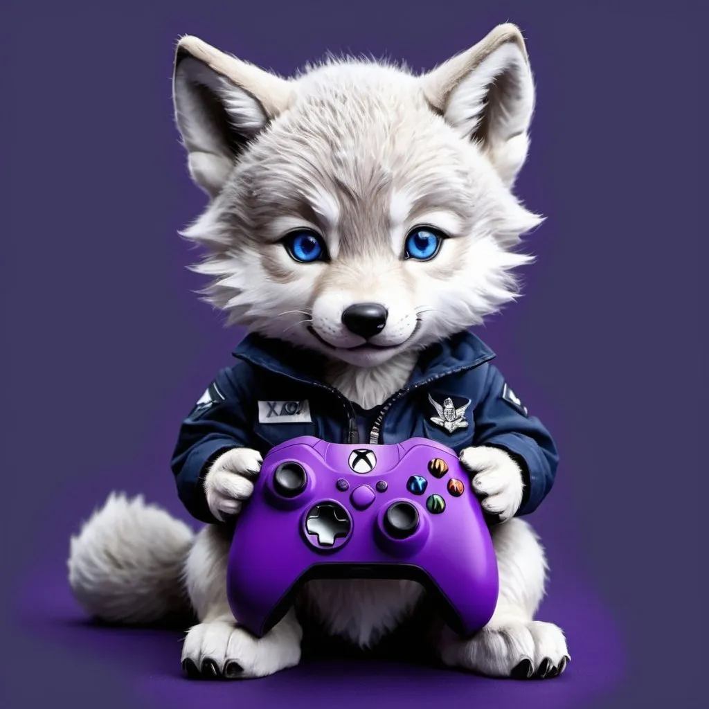 Prompt: navy blue coloured wolf cub with blue eyes detailed (holding a purple Xbox controller) grey) background) hyper realistic very cute make sure its a navy blue wolf cub with a purple controller