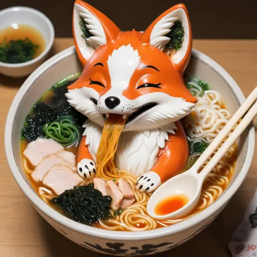 Prompt: a kitsune fox happily slurping up noodles in a ramen bowl with pieces of chicken and seaweed in the mix of soup