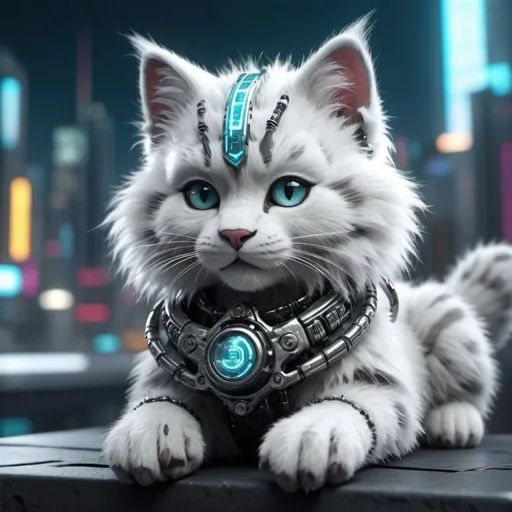 Prompt: fluffy siberian bangle in a Highly detailed kittenpunk  scene, hyper-realistic 4K rendering, volumetric lighting, HD quality, futuristic cityscape backdrop, mechanical feline with intricate joints and circuit patterns, cool-toned futuristic atmosphere, detailed fur with lifelike textures, cyberpunk aesthetic, ultra-detailed, volumetric lighting, professional rendering, HD, 4K