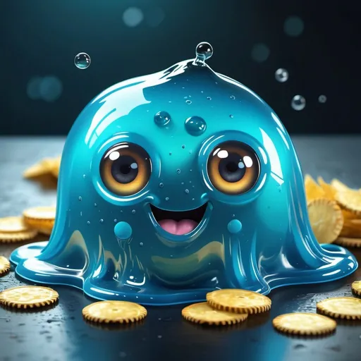 Prompt: Cute, little clear blue slime blob with 2 round black eyes, enjoying chips, glossy digital rendering, translucent, fine details on surface, high quality, adorable, joyful, vibrant color tones, soft lighting