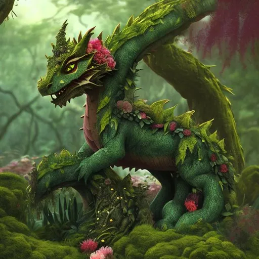 Prompt: plant dragon made out of flowers vines and mossy stone and the dragon is in a mystical forest