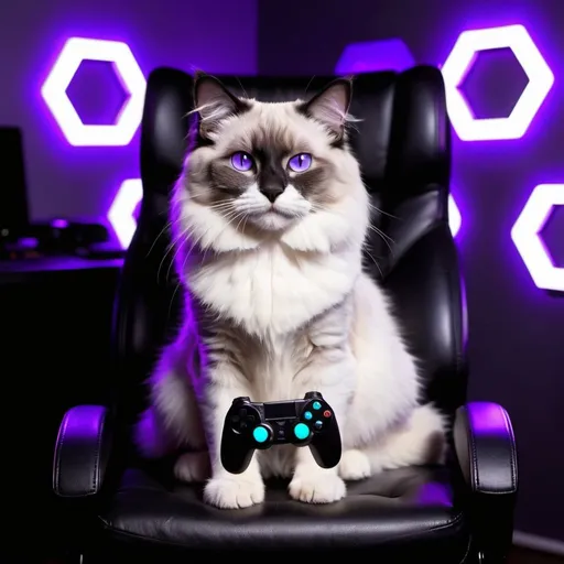 Prompt: black and white ragdoll cat holding a gaming controller sitting in a dark room with glowing purple led lights and glowing wall hexagons the cat is sitting in a gamer chair the screen reflects of his face
