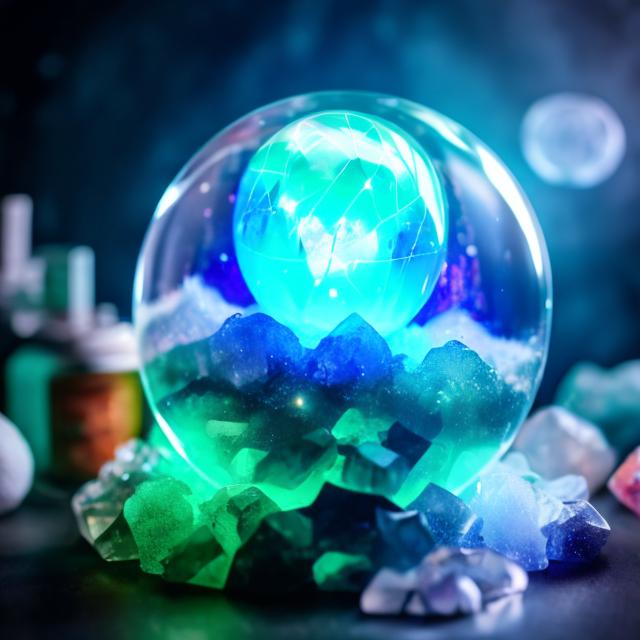 Prompt: Fluffy cute crystal ball glowing with magical energys and oozing with fluffs, background crystal cave,