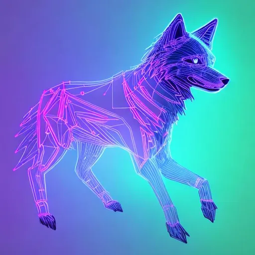 Prompt: cute black wolf robot outlined in teal wireframe light, purple auras flow around the air with bright neon features, extremely detailed