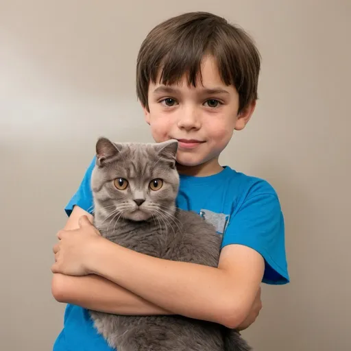 Prompt: a peach skin colored 11 year old boy with short brown hair wearing a blue t-shirt hugging a baby grey scottish fold cat