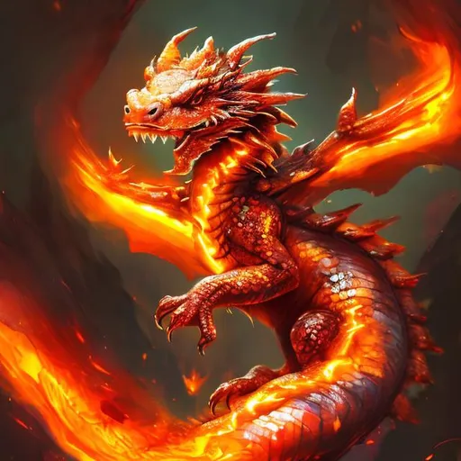 Prompt: very Cute baby dragon made of fire, glowing fiery scales, adorable and playful expression, high quality, digital painting, warm tones, magical atmosphere, lively and dynamic pose