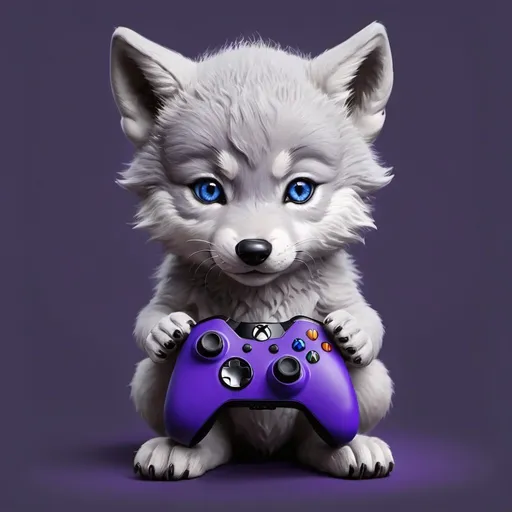 Prompt: (navy blue wolf cub) with blue eyes detailed (holding a purple Xbox controller) grey) background) hyper realistic very cute make sure its a navy blue wolf cub with a purple controller