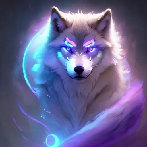 Prompt: very Cute, neon, fluffy, light wolf, possessing the element of the moon and making circles of purple aura flow around in the air in a magical way. Perfect features, extremely detailed, realistic. Krenz Cushart + loish +gaston bussiere +craig mullins, j. c. leyendecker +Artgerm.