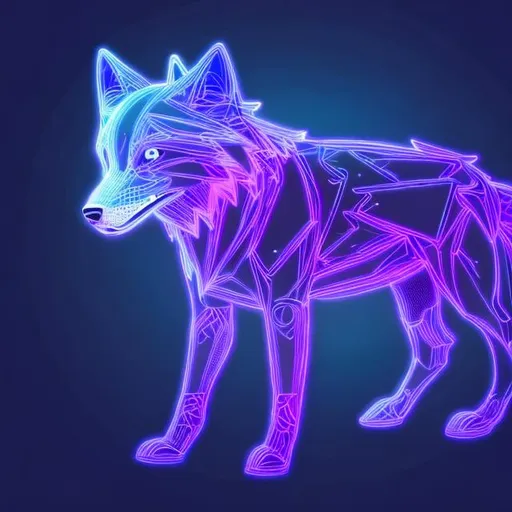 Prompt: cute black wolf robot outlined in teal wireframe light, purple auras flow around the air with bright neon features, extremely detailed