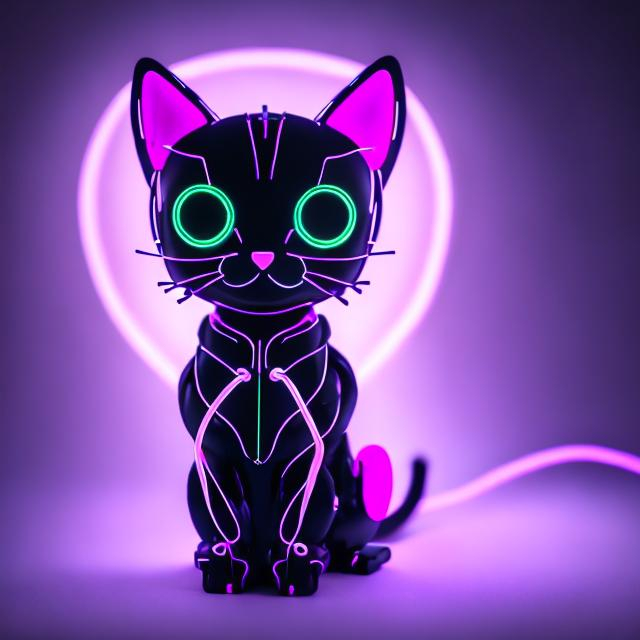 Prompt: cute kitten black robot outlined in purple wireframe light, purple auras flow around the air with bright neon features, extremely detailed