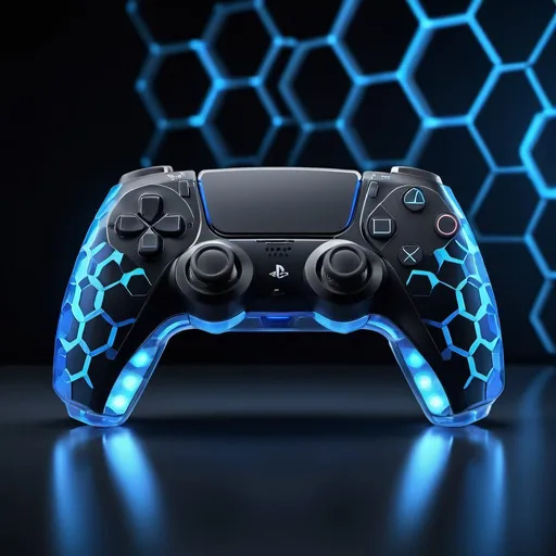 Prompt: Clear blue PS5 controller floating, dark room, glowing hexagons on wall, high quality, 3D rendering, futuristic, cool blue tones, ambient lighting, hexagonal pattern, sleek design, detailed reflections, professional, ethereal atmosphere