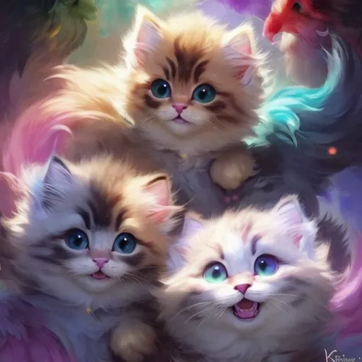 Prompt: very Cute, rainbow organized, fluffy, jam kittens, possessing the element of jam and making circles of rainbows move around in the air in a magical way. Perfect features, extremely detailed, realistic. Krenz Cushart + loish +gaston bussiere +craig mullins, j. c. leyendecker +Artgerm.