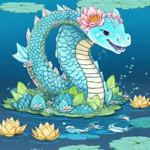 Prompt: cute dragon made of water with lilypads on top with flowers and a koi fish swimming in it