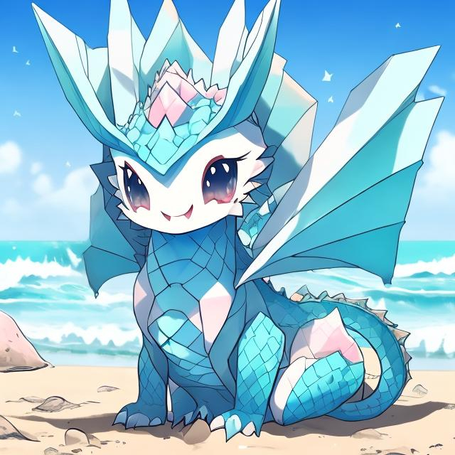 Prompt: a cute diamond dragon sitting at the beach