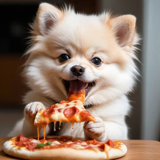 Prompt: a super cute baby white Pomeranian eating a pizza with a sauce covered mouth happily licking the cheese of its paws