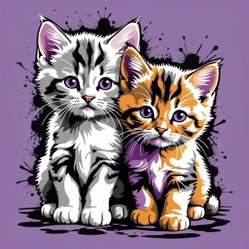 Prompt: Colorful graffiti illustration of 2 siberian bangle kittens 1 white with a small amount of calico print 1 grey with black stripes , paint splashes, vector t-shirt art, light purple background


