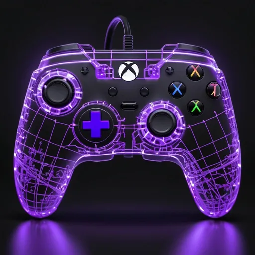Prompt: a gaming controller that is xbox playstation and nintendo all combined into 1 gaming controller with purple glowing wireframe
