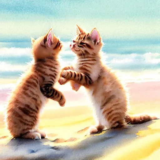Prompt: Playful scene of two kittens on the beach, sandy shore with gentle waves, soft pastel colors, high quality, detailed fur, cute and lively, sunny and bright, realistic, watercolor style, kittens playing joyfully, sandy paws, peaceful atmosphere, adorable interactions, beautiful sunlight, beach scene, kittens, sandy shore, watercolor, detailed fur, pastel colors, playful, sunny, peaceful atmosphere