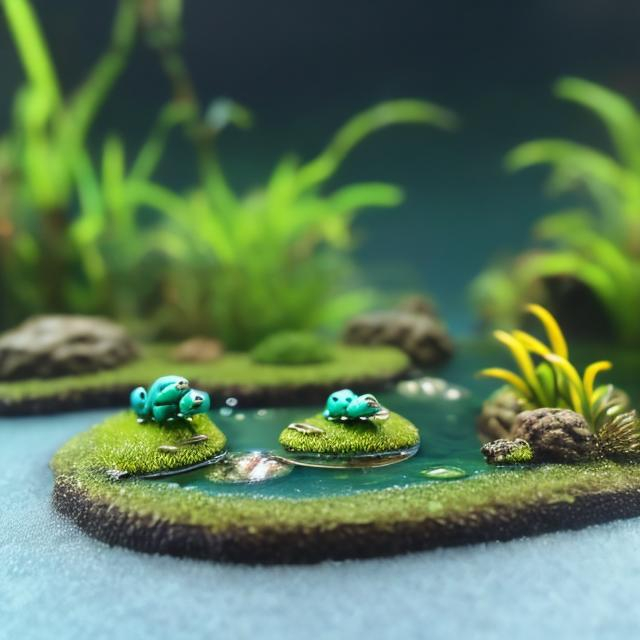 Prompt: Miniature resin swamp biome with oval shape, tiny frogs, 3D rendering, realistic water effects, lush vegetation, excellent detail, miniature, swamp biome, oval shape, tiny frogs, 3D rendering, realistic water effects, lush vegetation, high quality, realistic, detailed, miniature world, resin material, natural colors, ambient lighting