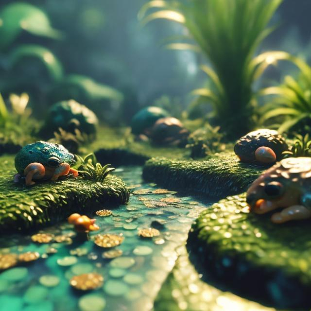 Prompt: Miniature resin swamp biome with oval shape, tiny frogs, 3D rendering, realistic water effects, lush vegetation, excellent detail, miniature, swamp biome, oval shape, tiny frogs, 3D rendering, realistic water effects, lush vegetation, high quality, realistic, detailed, miniature world, resin material, natural colors, ambient lighting