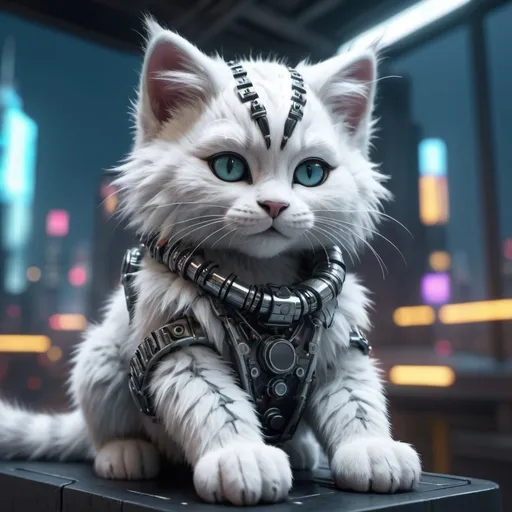 Prompt: fluffy siberian bangle in a Highly detailed kittenpunk  scene, hyper-realistic 4K rendering, volumetric lighting, HD quality, futuristic cityscape backdrop, mechanical feline with intricate joints and circuit patterns, cool-toned futuristic atmosphere, detailed fur with lifelike textures, cyberpunk aesthetic, ultra-detailed, volumetric lighting, professional rendering, HD, 4K