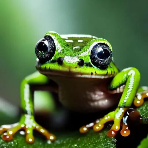 Prompt: a very cute cute tiny frog with big cute eyes sitting in a resin swamp 