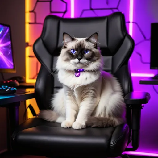 Prompt: black and white ragdoll cat with a gaming controller sitting in a dark room with glowing purple led lights and glowing wall hexagons the cat is sitting in a gamer chair the screen reflects of his face his rainbow gaming setup gives a small glow to the desk